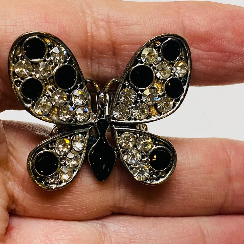 Ring Stretch Butterfly Shape Women Rhinestone Accents Enamel Silver Color Metal - Picture 7 of 16
